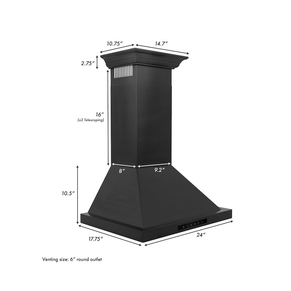 24"Convertible Vent Wall Mount Range Hood in Black Stainless Steel with Crown Molding BSKBNCRN24