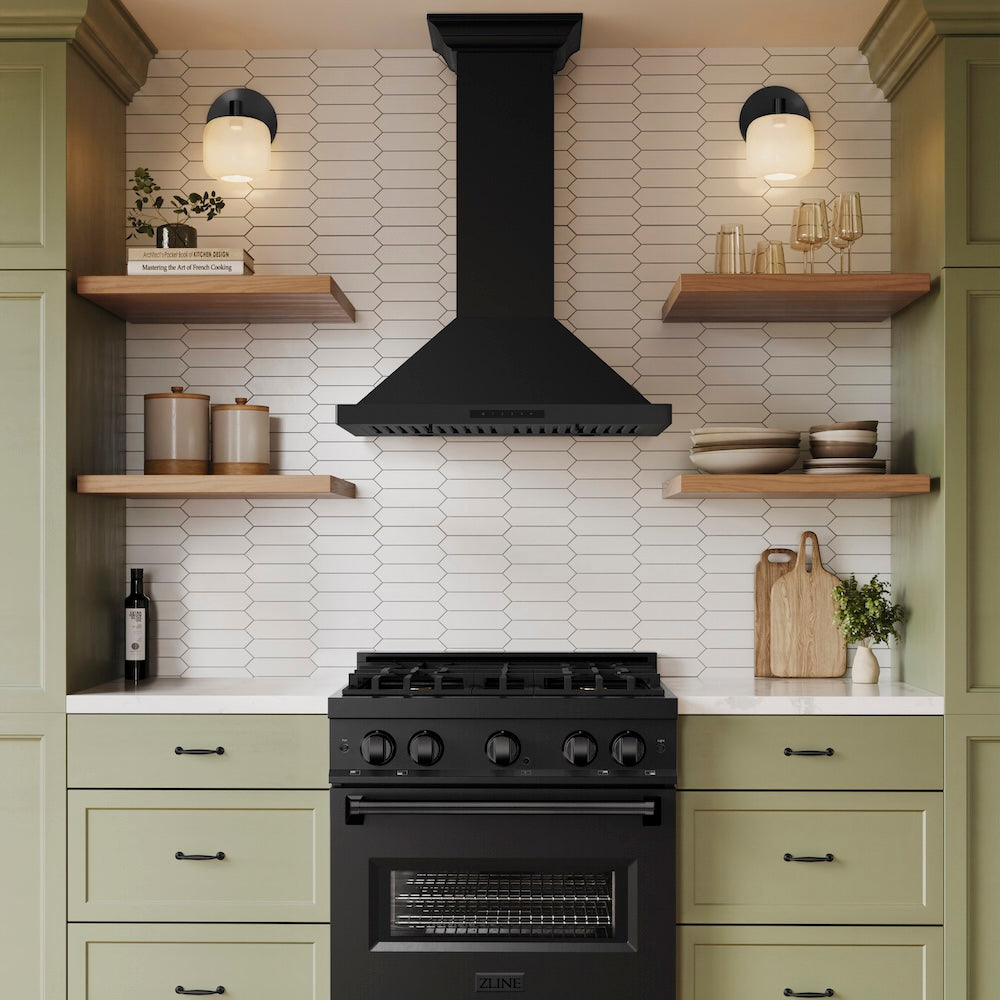 30 In. Convertible Vent Wall Mount Range Hood In Black Stainless Steel With Crown Molding BSKBNCRN30