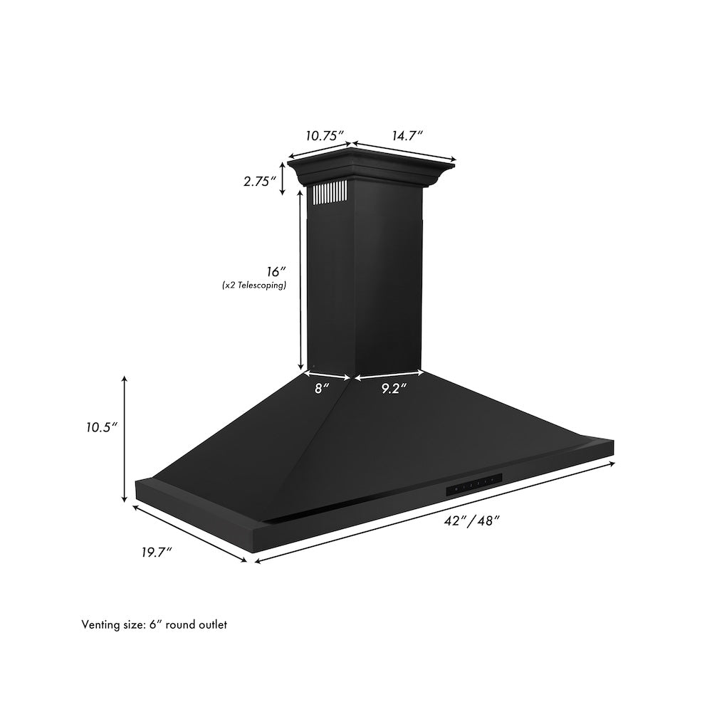 48"Convertible Vent Wall Mount Range Hood in Black Stainless Steel with Crown Molding BSKBNCRN48