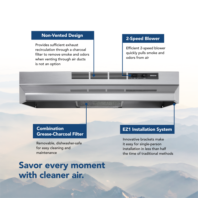 30Inch Ductless UnderCabinet Range Hood w/ Easy Install System, BUEZ130SF