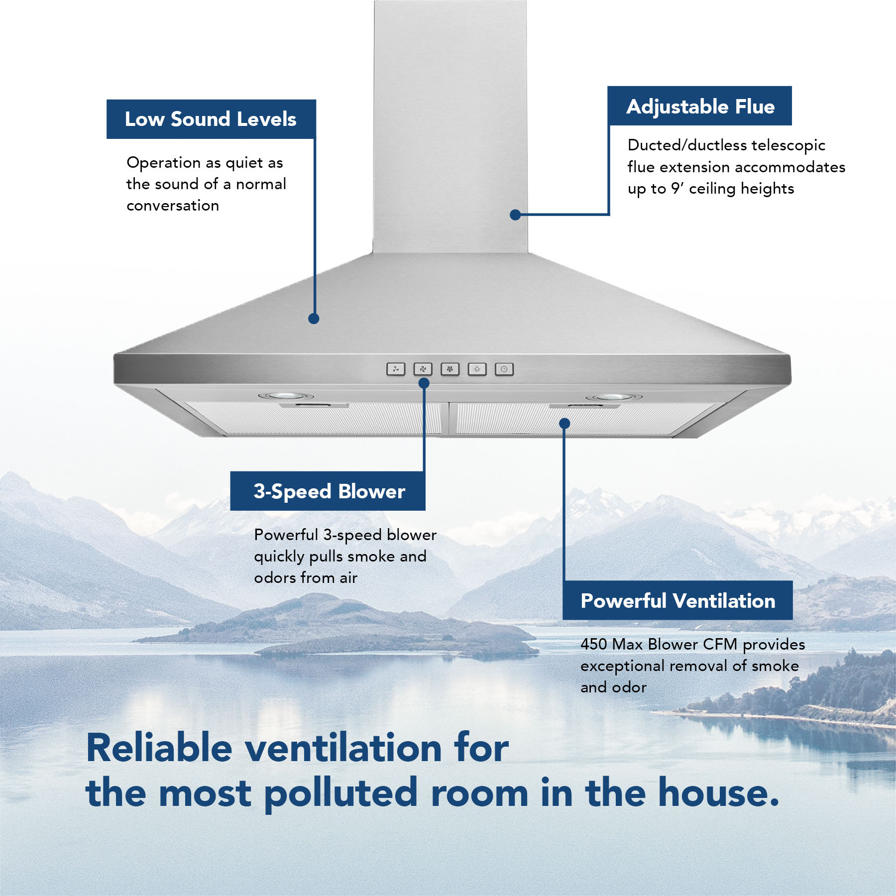 24-Inch Convertible Wall-Mount Pyramidal Chimney Range Hood, 450 Max CFM BWP1244SS