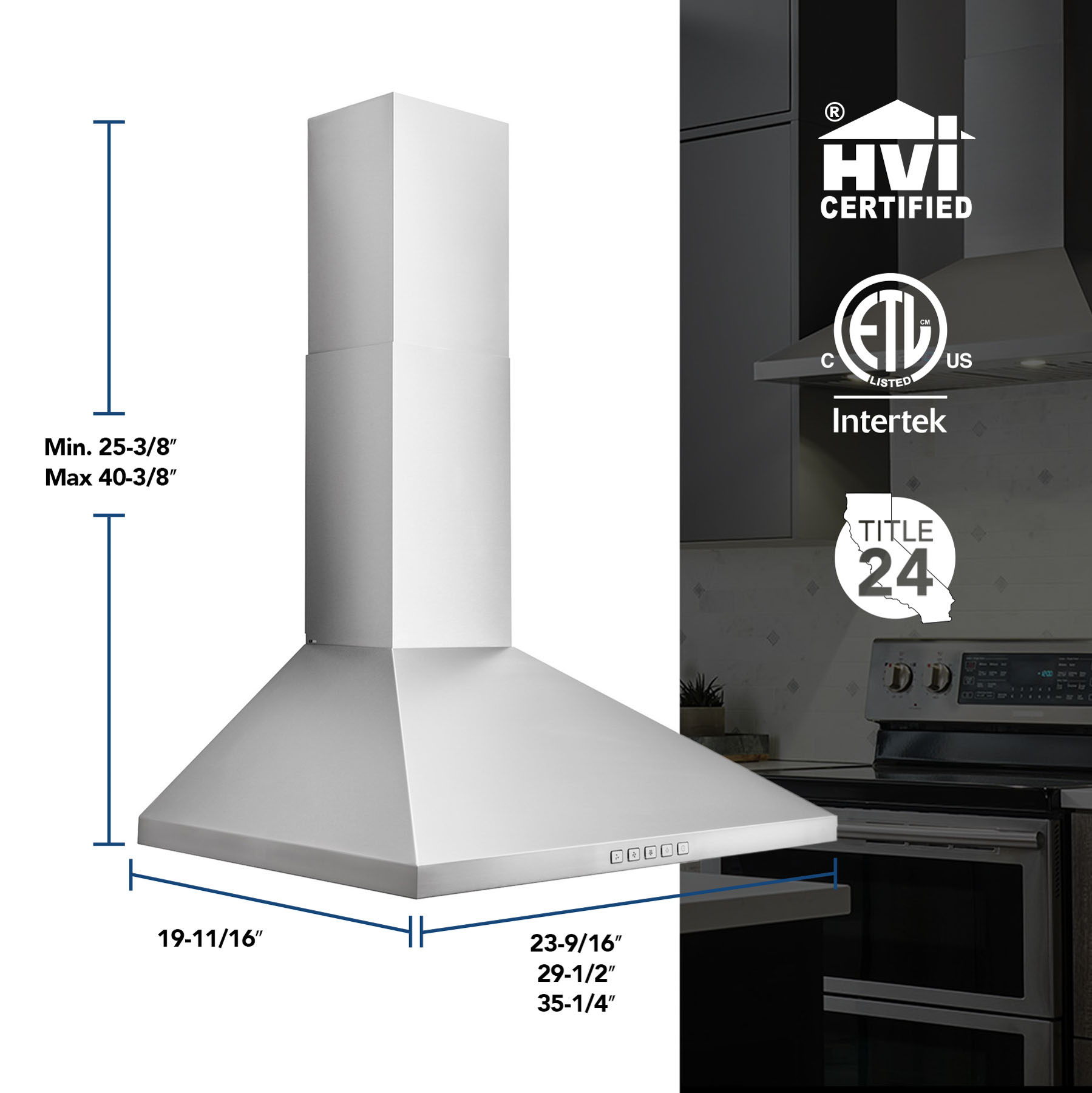 24-Inch Convertible Wall-Mount Pyramidal Chimney Range Hood, 450 Max CFM BWP1244SS