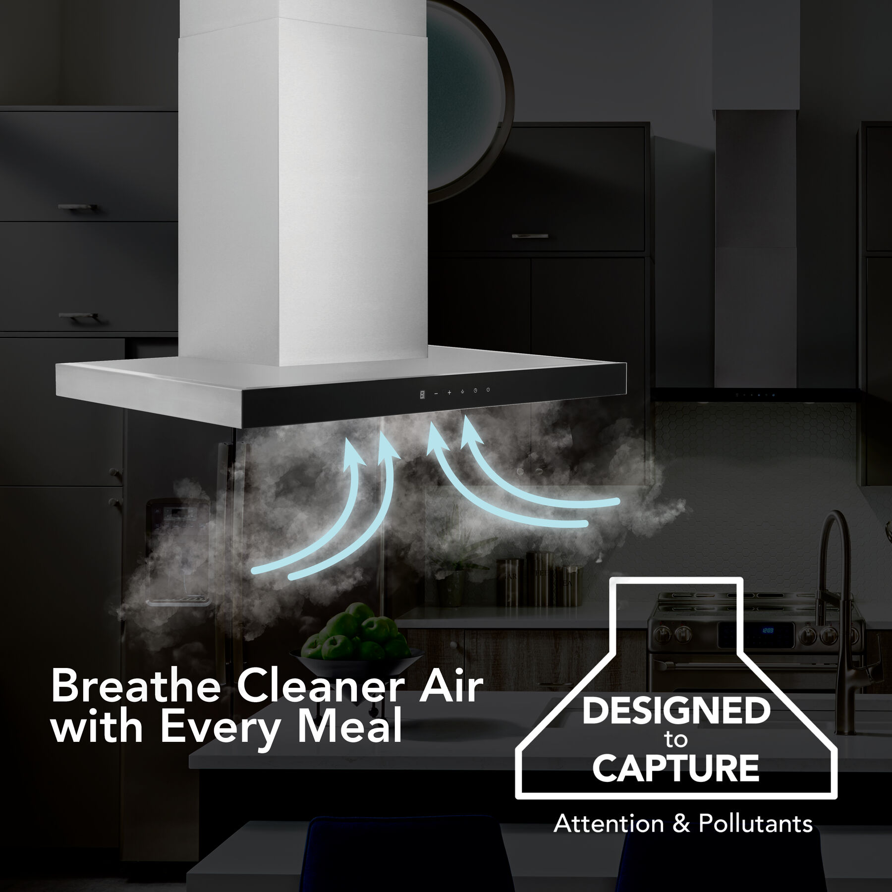 30-Inch Convertible Wall-Mount T-Style Chimney Range Hood, 450 Max CFM w/Black Glass BWT1304SSB