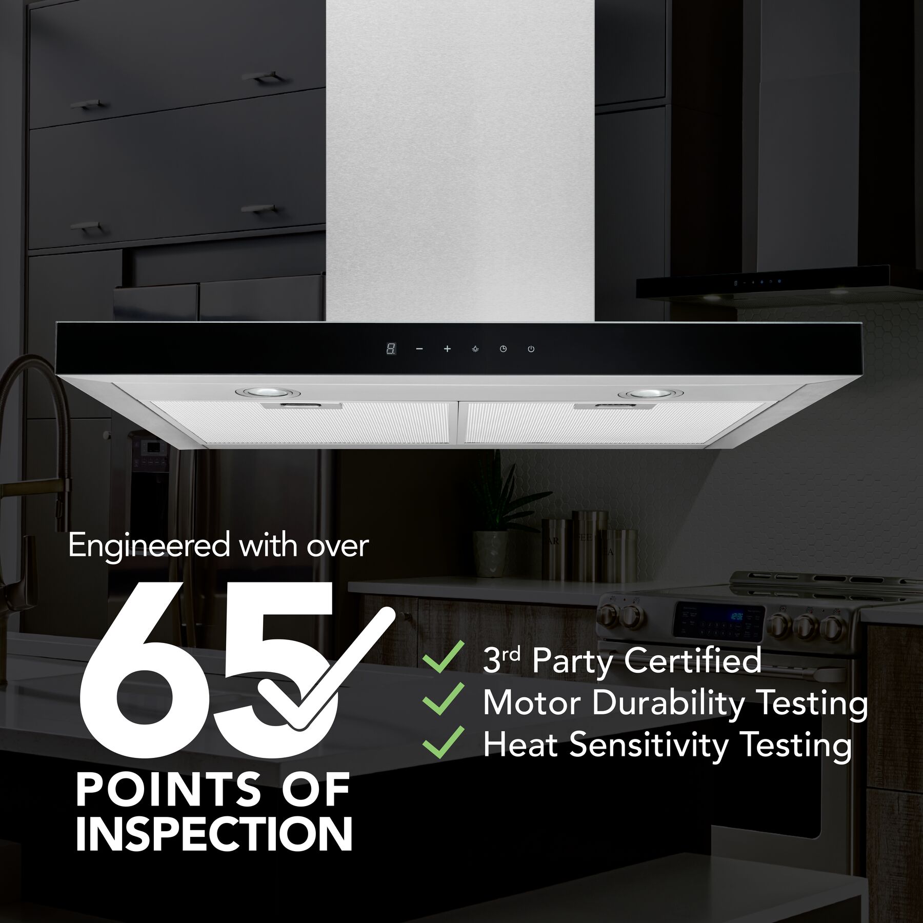 30-Inch Convertible Wall-Mount T-Style Chimney Range Hood, 450 Max CFM w/Black Glass BWT1304SSB