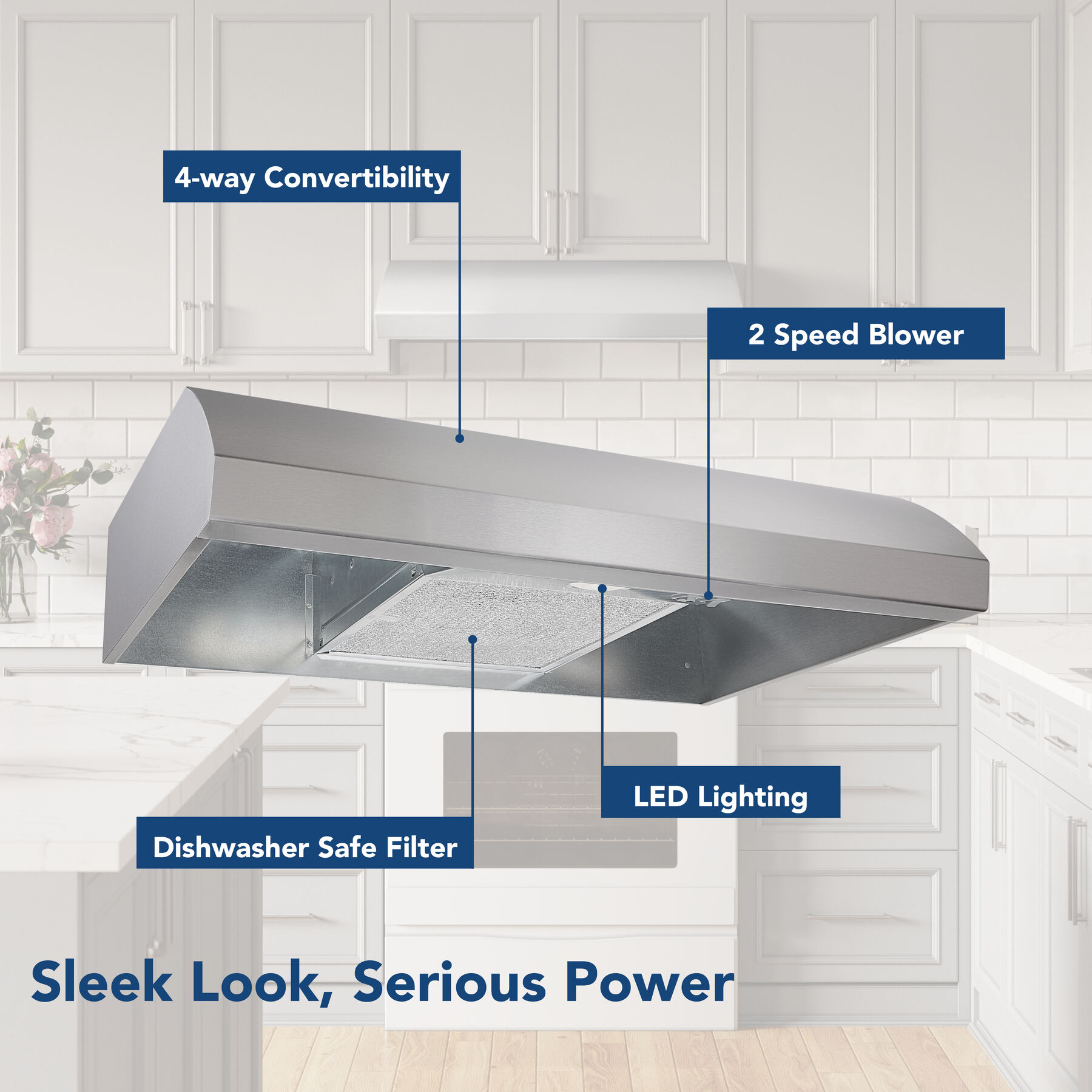 30-Inch 4-Way Convertible Under-Cabinet Range Hood, 270 Max CFM BXT130SS