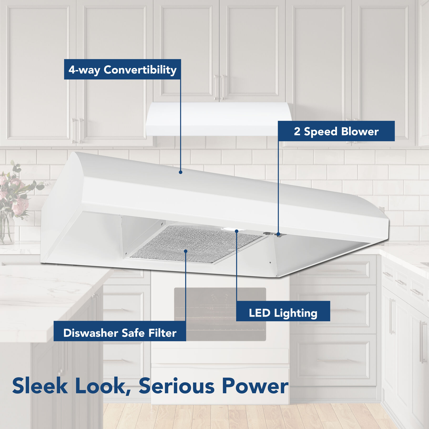 30-Inch 4-Way Convertible Under-Cabinet Range Hood, 270 Max CFM BXT130WW