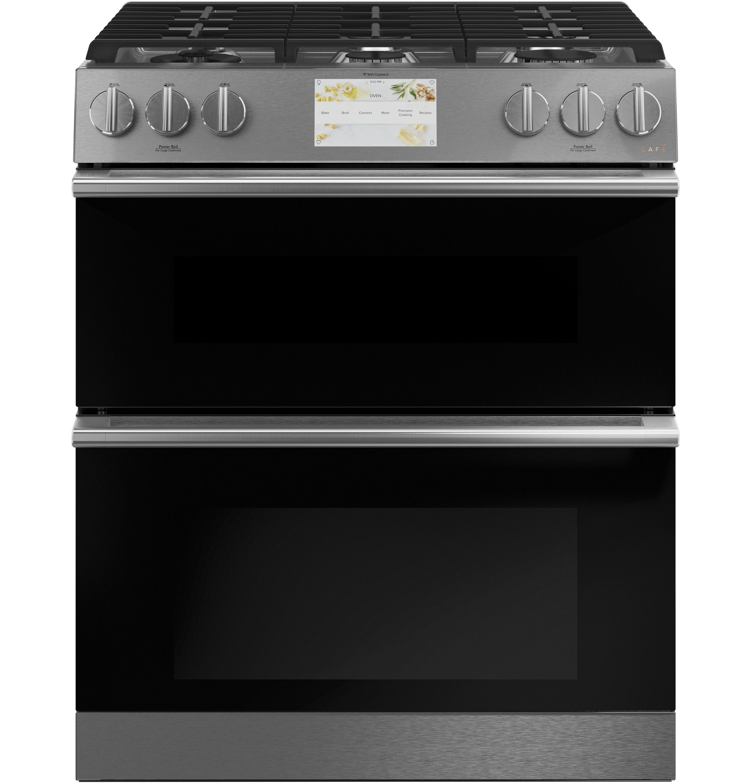 CAFÉ™ 30" Smart Slide-In, Front-Control, Dual-Fuel, Double-Oven Range with Convection in Platinum Glass C2S950M2NS5