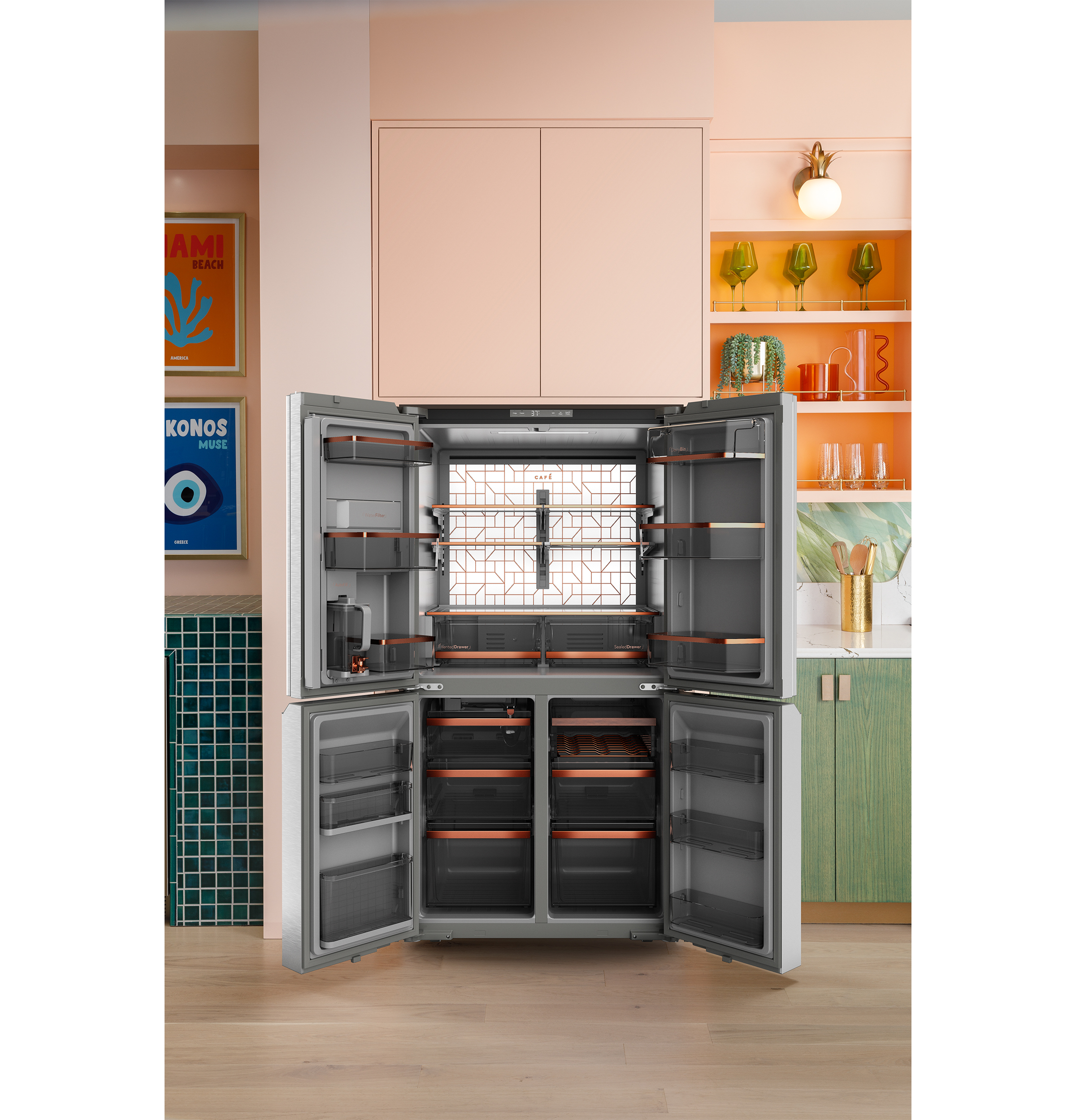 CAFÉ™ ENERGY STAR® 28.3 Cu. Ft. Smart Quad-Door Refrigerator in Platinum Glass with Dual-Dispense AutoFill Pitcher CAE28DM5TS5