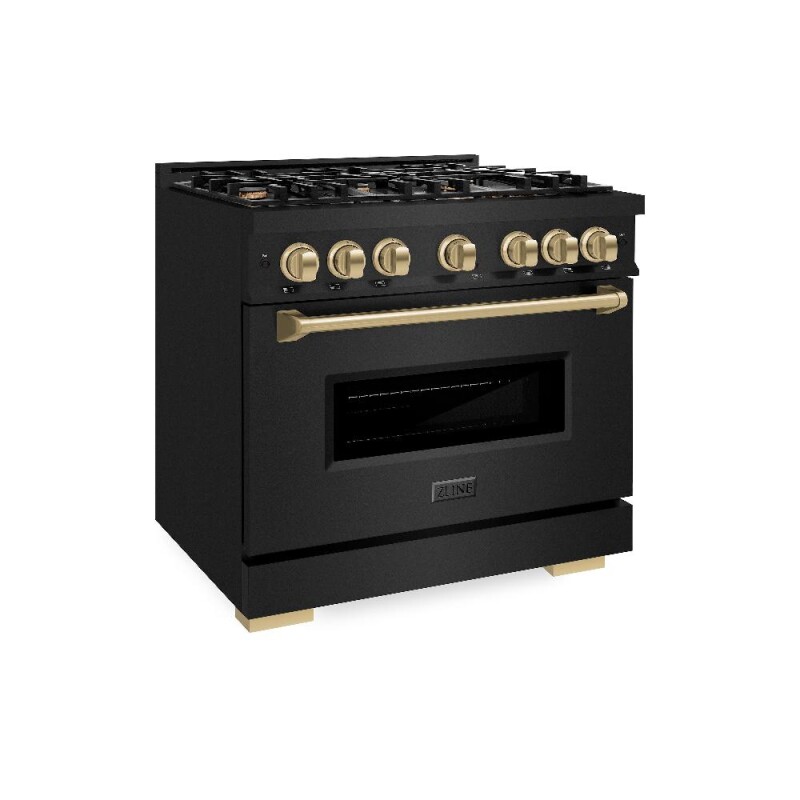 ZLINE Autograph Edition 36 in. 5.2 cu. ft. Classic Dual Fuel Range with 6 Burner Gas Cooktop and Electric Convection Oven in Black Stainless Steel with Champagne Bronze Accents (CDRBZ-36-CB) 