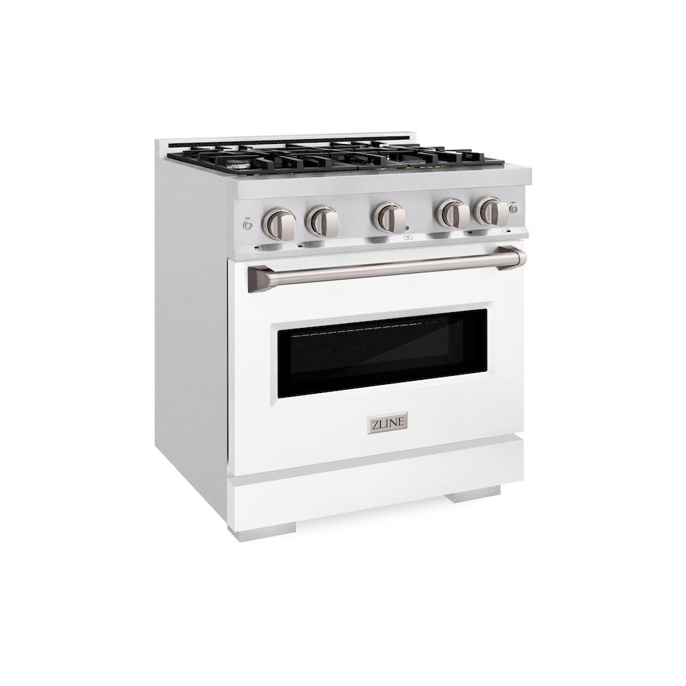 ZLINE 30 in. 4.2 cu. ft. Classic Dual Fuel Range with 4 Burner Gas Cooktop and Electric Convection Oven in DuraSnow® Stainless Steel with White Matte Door (CDRS-WM-30) CDRSWM30