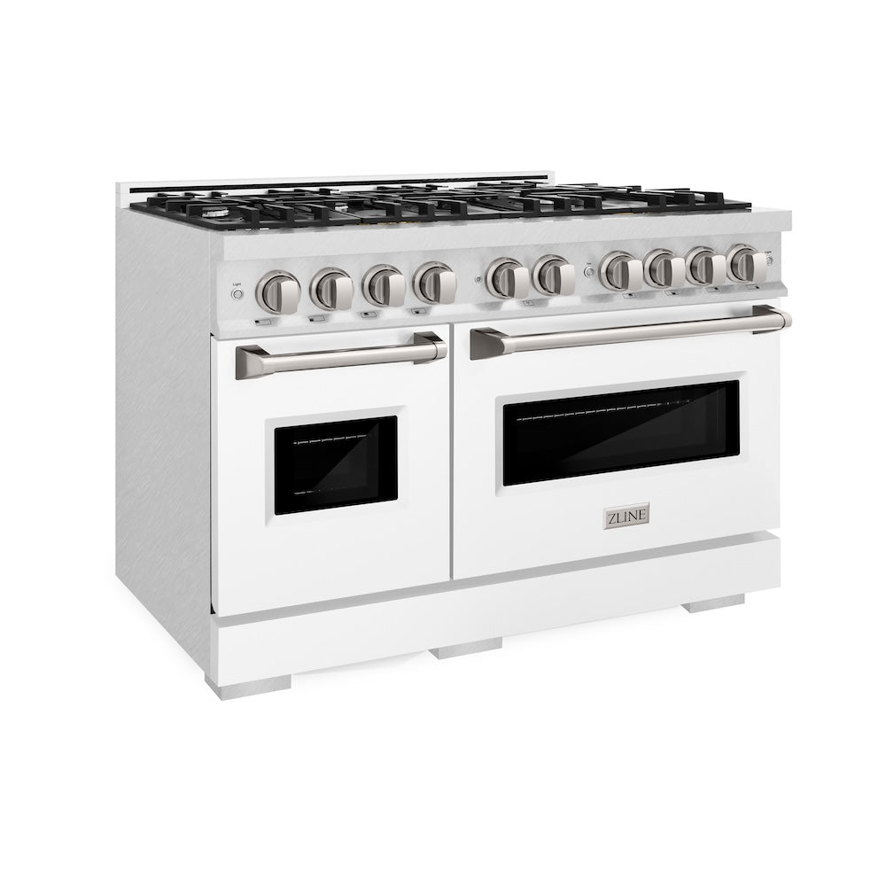 ZLINE 48 in. 6.7 cu. ft. Classic Double Oven Dual Fuel Range with 8 Burner Gas Cooktop in DuraSnow® Stainless Steel with White Matte Doors (CDRS-WM-48) CDRSWM48