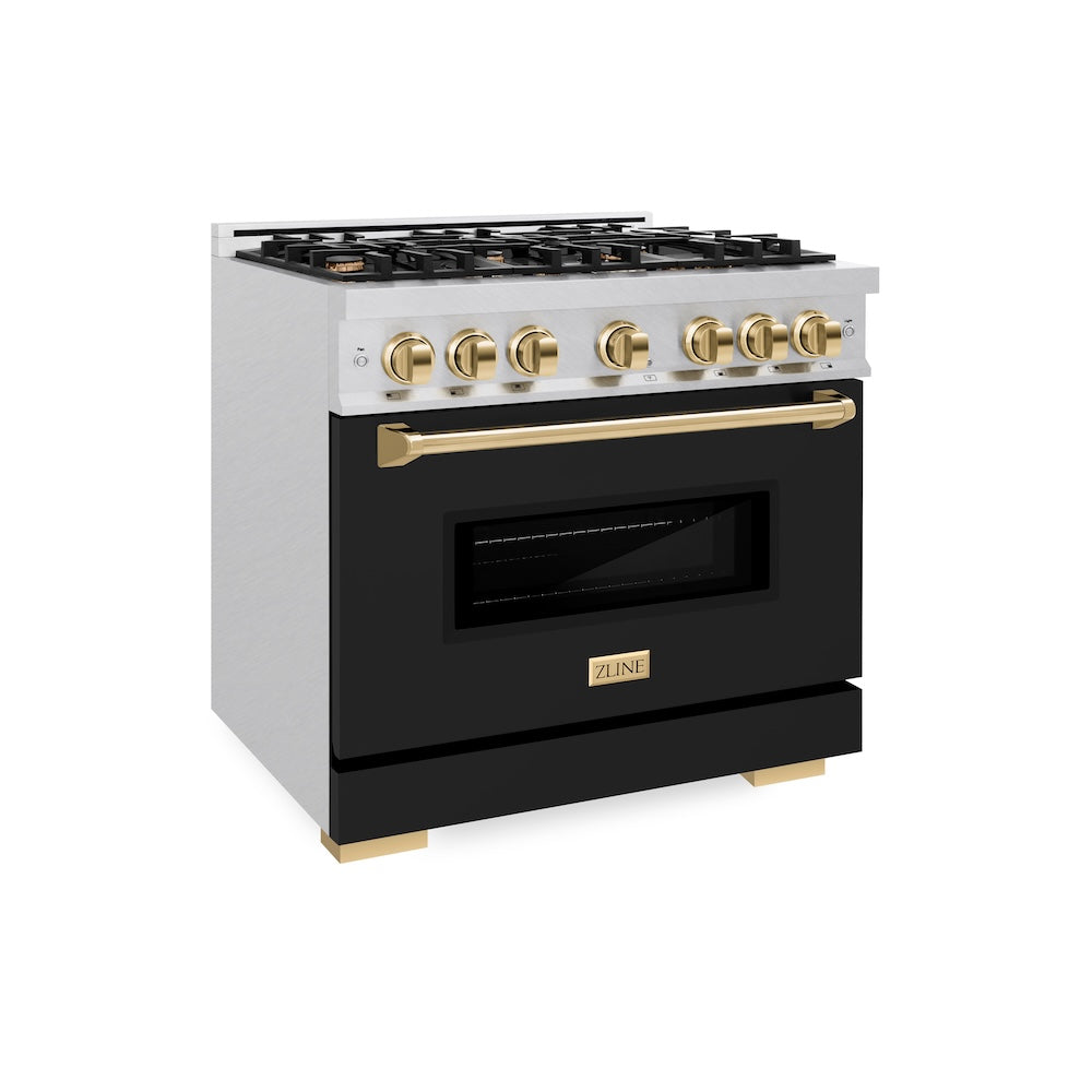 ZLINE Autograph Edition 36 in. 5.2 cu. ft. Classic Dual Fuel Range with 6 Burner Gas Cooktop and Electric Convection Oven in DuraSnow® Stainless Steel with Black Matte Door and Polished Gold 