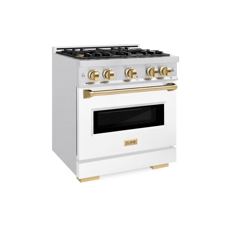 ZLINE Autograph Edition 30 in. 4.2 cu. ft. Classic Dual Fuel Range with 4 Burner Gas Cooktop and Electric Convection Oven in DuraSnow® Stainless Steel with White Matte Door and Polished Gold 