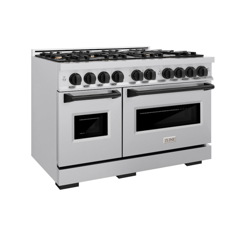 ZLINE Autograph Edition 48 in. 6.7 cu. ft. Classic Double Oven Dual Fuel Range with 8 Burner Gas Cooktop in Stainless Steel and Matte Black Accents (CDRZ-48-MB) CDRZ48MB