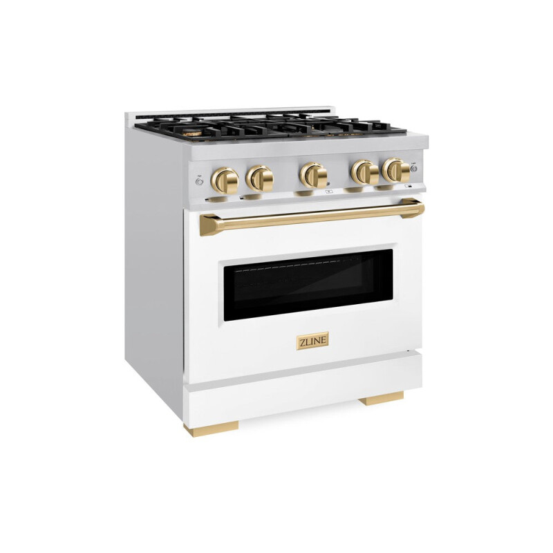 ZLINE Autograph Edition 30 in. 4.2 cu. ft. Classic Dual Fuel Range with 4 Burner Gas Cooktop and Electric Convection Oven in Stainless Steel with White Matte Door and Polished Gold Accents (C