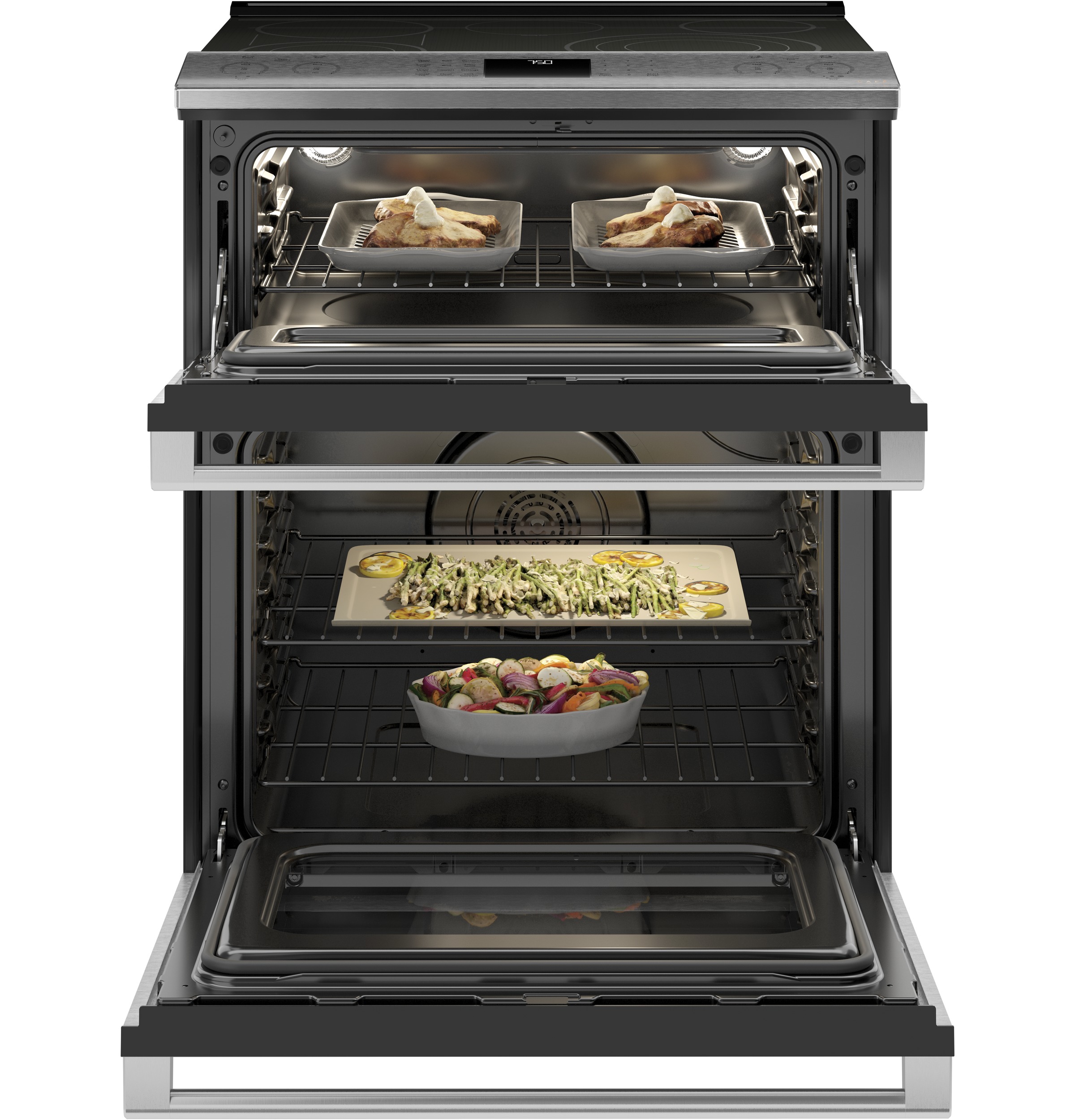 CAFÉ™ 30" Smart Slide-In, Front-Control, Radiant and Convection Double-Oven Range in Platinum Glass CES750M2NS5