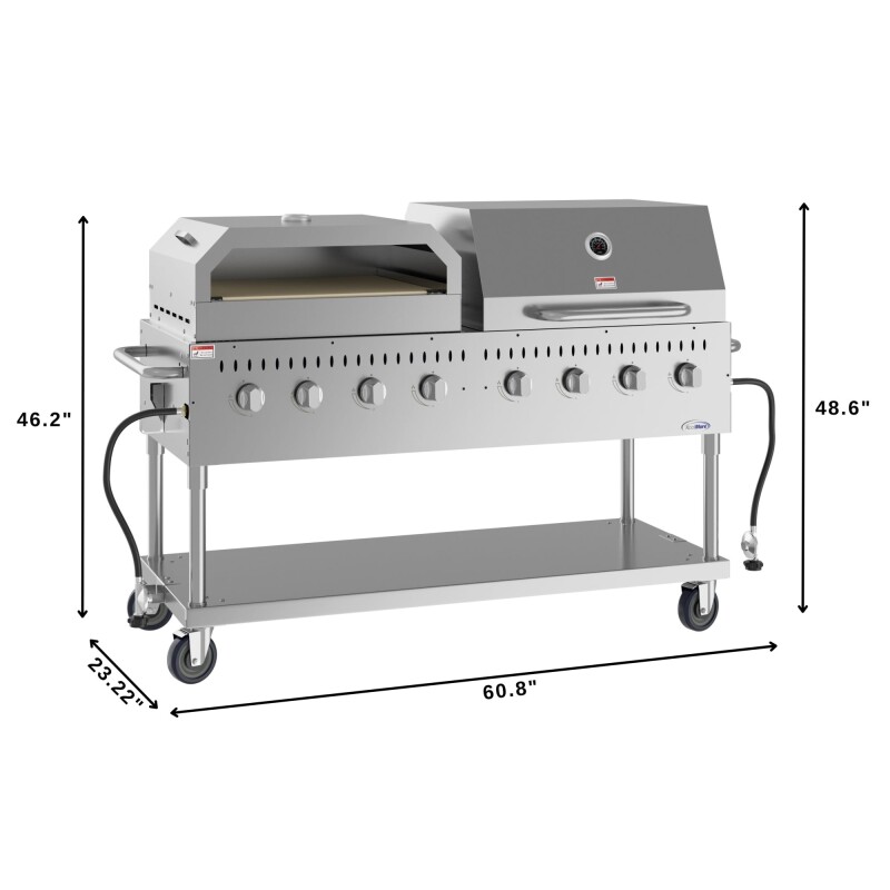 60 in. 8-Burner Commercial Outdoor Propane Gas Grill With 30 in. Roll Dome Cover and 30 in. Pizza Oven in Stainless-Steel, ETL Listed CGKIT6D30P30