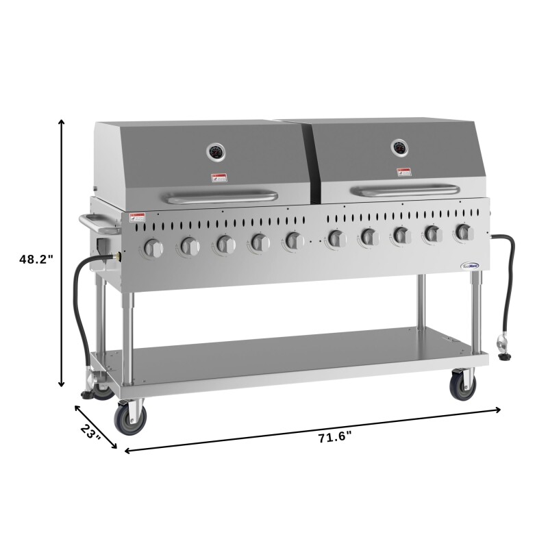 72 in. 10-Burner Commercial Outdoor Propane Gas Grill with Two 36 in. Roll Dome Covers in Stainless-Steel, ETL Listed CGKIT7D36D36