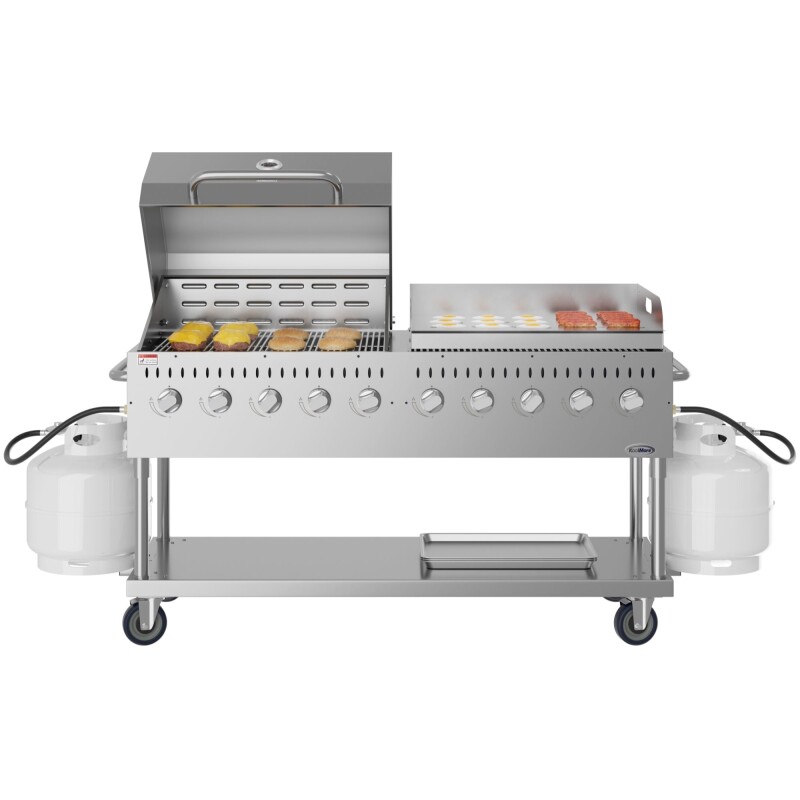 72 in. 10-Burner Commercial Outdoor Propane Gas Grill With 36 in. Roll Dome Cover and 36 in. Griddle in Stainless-Steel, ETL Listed CGKIT7D36G36