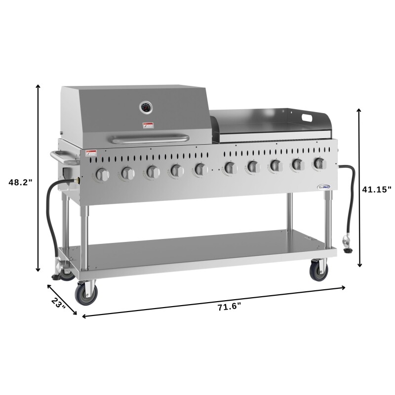 72 in. 10-Burner Commercial Outdoor Propane Gas Grill With 36 in. Roll Dome Cover and 36 in. Griddle in Stainless-Steel, ETL Listed CGKIT7D36G36