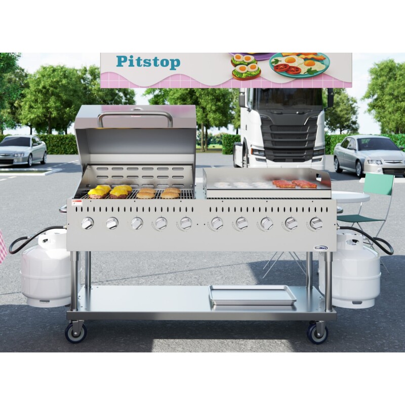 72 in. 10-Burner Commercial Outdoor Propane Gas Grill With 36 in. Roll Dome Cover and 36 in. Griddle in Stainless-Steel, ETL Listed CGKIT7D36G36