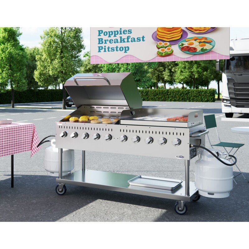 72 in. 10-Burner Commercial Outdoor Propane Gas Grill With 36 in. Roll Dome Cover and 36 in. Griddle in Stainless-Steel, ETL Listed CGKIT7D36G36