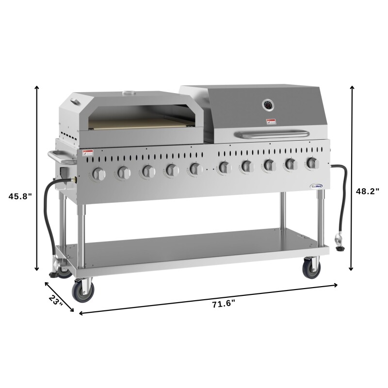 72 in. Commercial Outdoor Propane Gas Grill with 36 in. Roll Dome Cover and 36 in. Pizza Oven in Stainless-Steel, ETL Listed CGKIT7D36P36