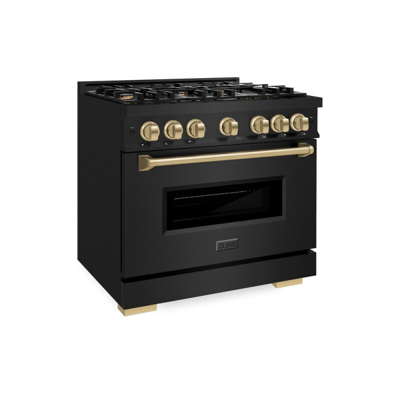 ZLINE Autograph Edition 36 in. 5.2 cu. ft. Classic Gas Range with 6 Burner Cooktop and Convection Gas Oven in Black Stainless Steel and Champagne Bronze Accents (CGRBZ-36-CB) CGRBZ36CB