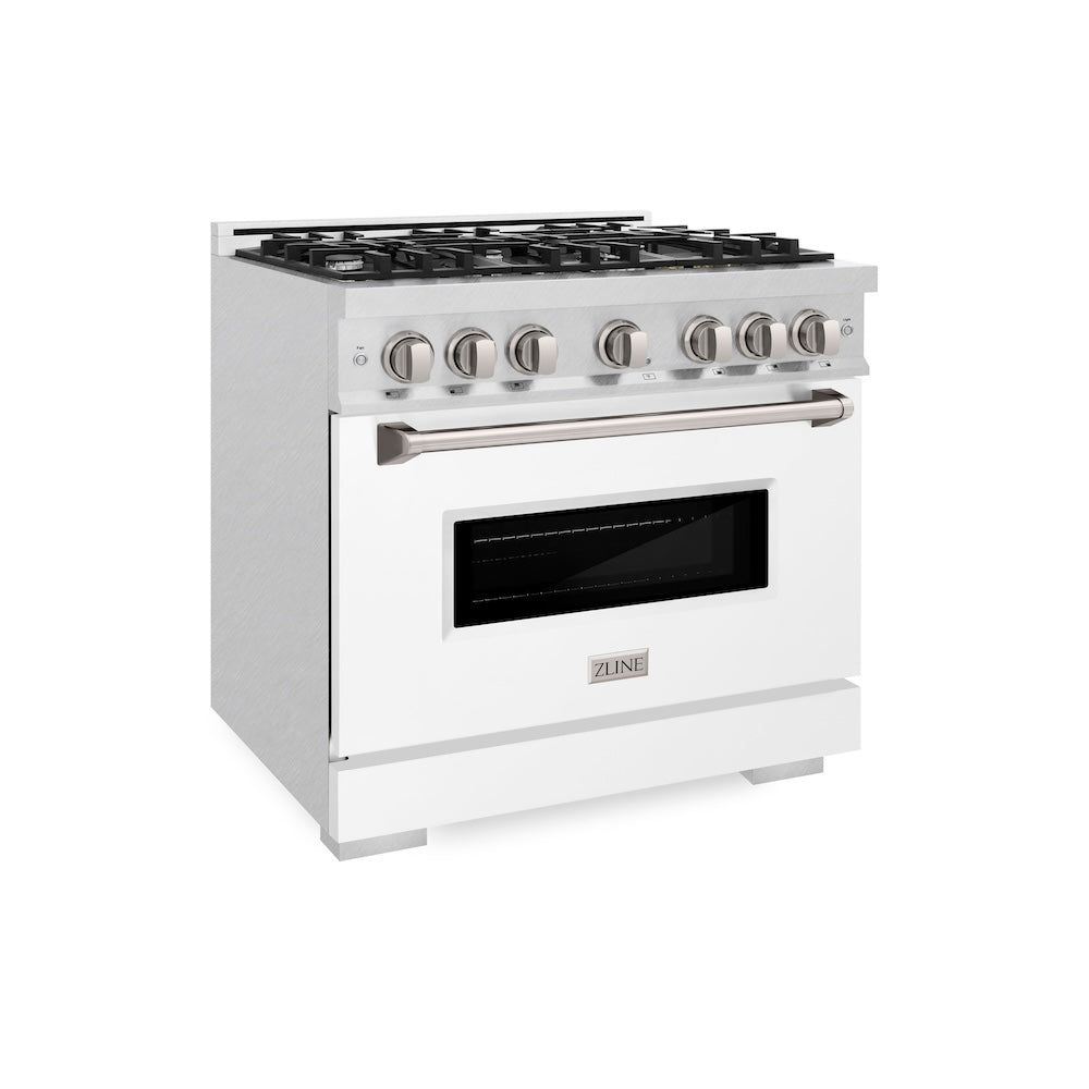 ZLINE 36 in. 5.2 cu. ft. Classic Gas Range with 6 Burner Cooktop and Convection Gas Oven in DuraSnow® Stainless Steel with White Matte Door (CGRS-WM-36) CGRSWM36