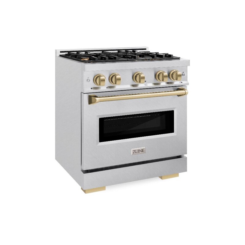 ZLINE Autograph Edition 30 in. 4.2 cu. ft. Classic Gas Range with 4 Burner Cooktop and Convection Gas Oven in DuraSnow® Stainless Steel and Champagne Bronze Accents (CGRSZ-30-CB) CGRSZ30CB