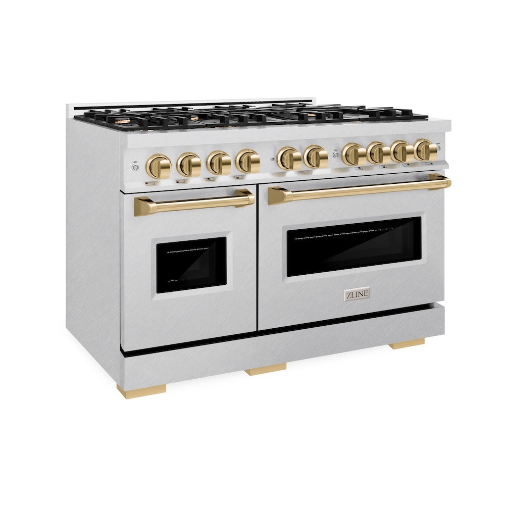 ZLINE Autograph Edition 48 in. 6.7 cu. ft. Classic Double Oven Gas Range with 8 Burner Cooktop in DuraSnow® Stainless Steel and Polished Gold Accents (CGRSZ-48-G) CGRSZ48G