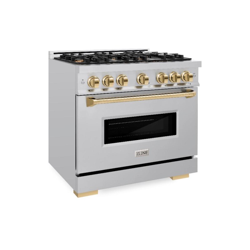 ZLINE Autograph Edition 36 in. 5.2 cu. ft. Classic Gas Range with 6 Burner Cooktop and Convection Gas Oven in Stainless Steel and Polished Gold Accents (CGRZ-36-G) CGRZ36G