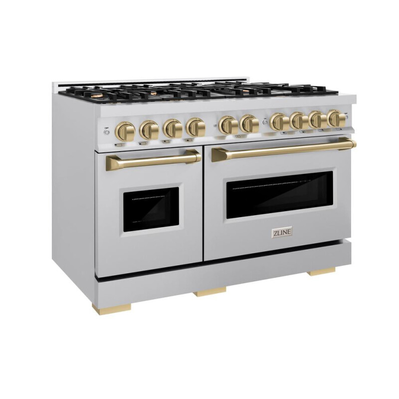 ZLINE Autograph Edition 48 in. 6.7 cu. ft. Classic Double Oven Gas Range with 8 Burner Cooktop in Stainless Steel and Champagne Bronze Accents (CGRZ-48-CB) CGRZ48CB