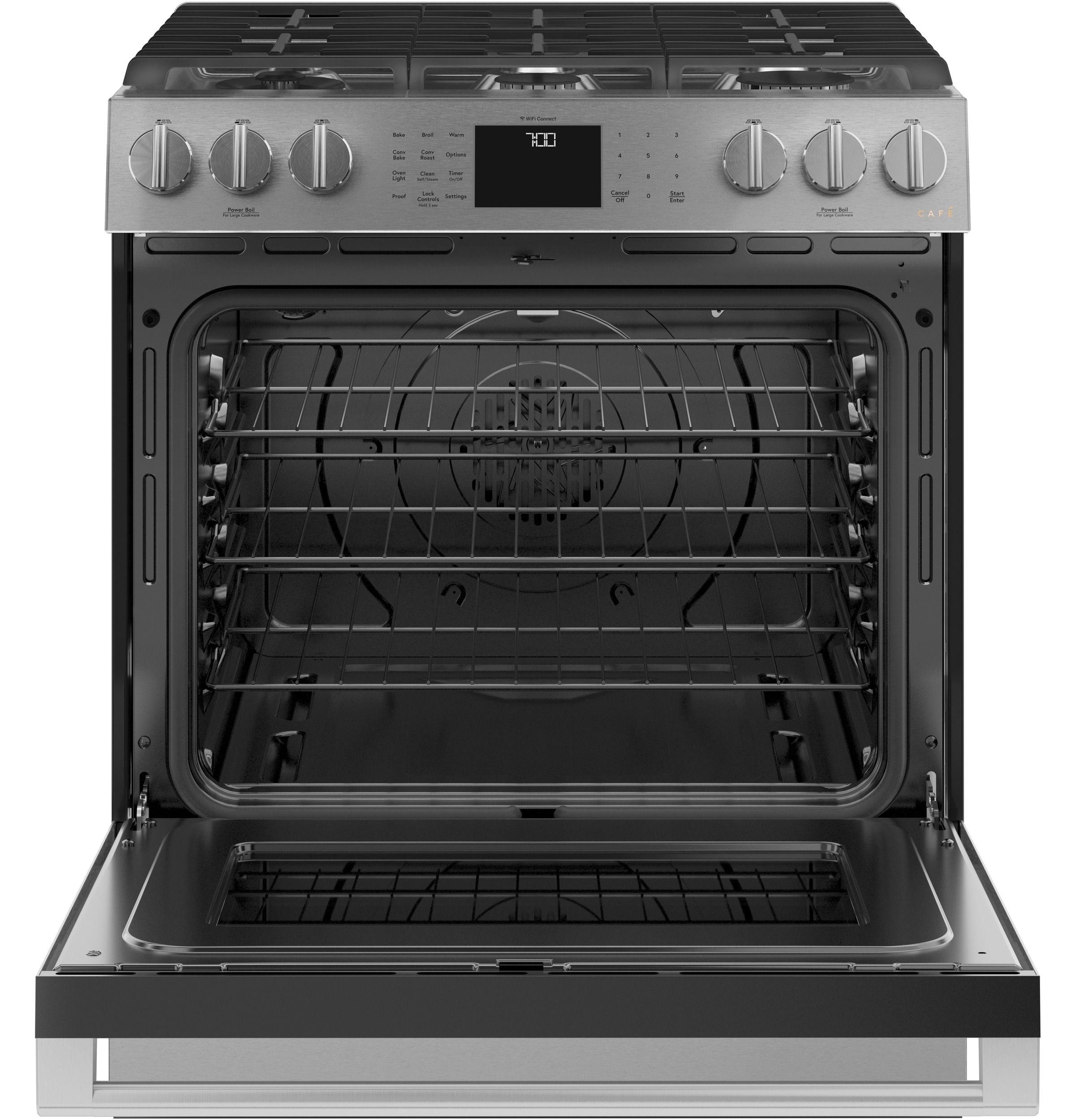 CAFÉ™ 30" Smart Slide-In, Front-Control, Gas Range with Convection Oven in Platinum Glass CGS700M2NS5