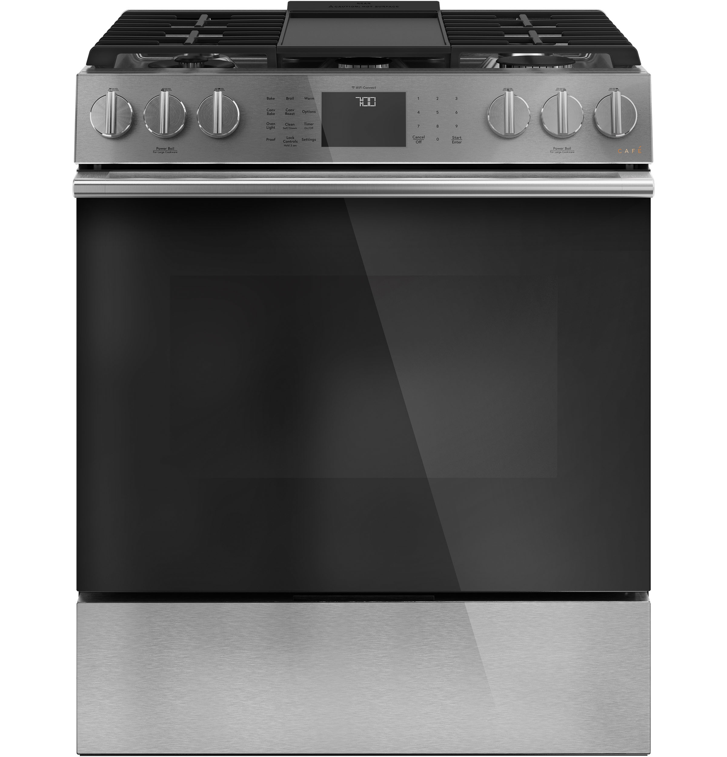 CAFÉ™ 30" Smart Slide-In, Front-Control, Gas Range with Convection Oven in Platinum Glass CGS700M2NS5