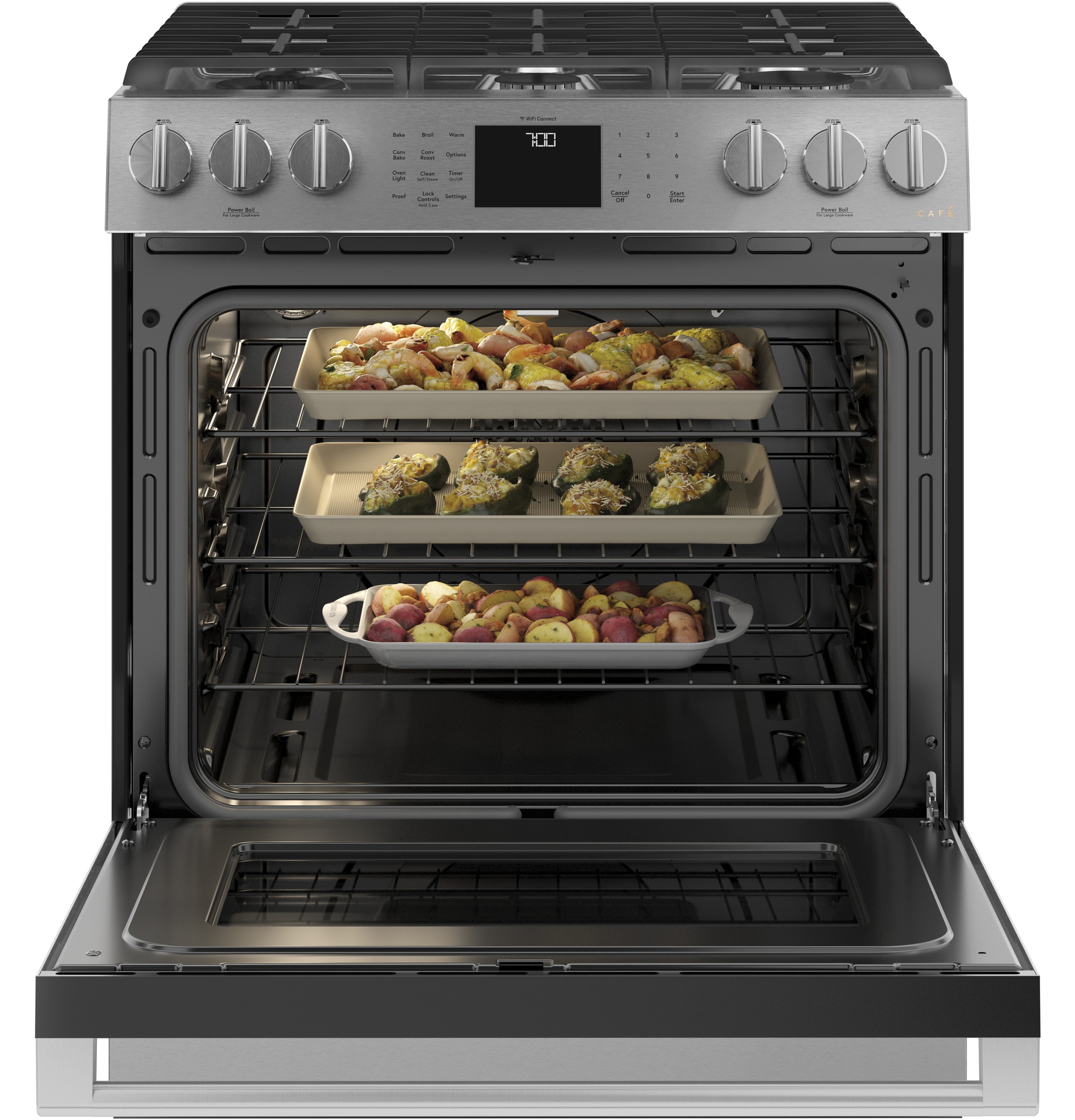CAFÉ™ 30" Smart Slide-In, Front-Control, Gas Range with Convection Oven in Platinum Glass CGS700M2NS5