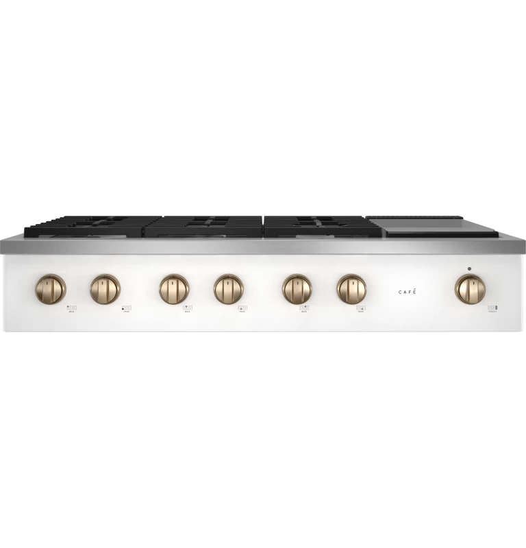 Cafe 48" Commercial-Style Gas Rangetop with 6 Burners and Integrated Griddle (Natural Gas) Matte White / Brushed Bronze CGU486P4TW2 Picture 1