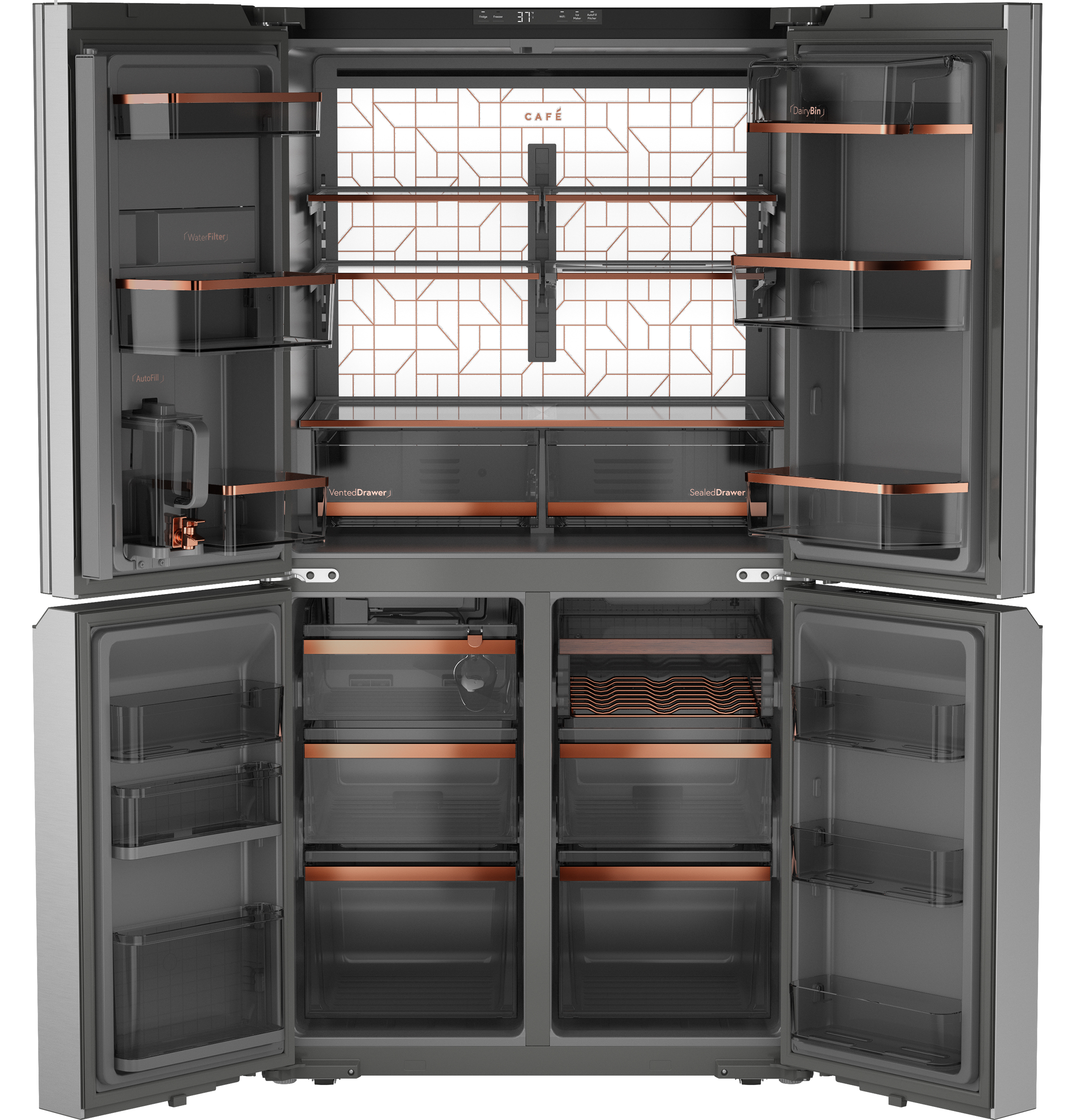 CAFÉ™ ENERGY STAR® 22.9 Cu. Ft. Smart Counter-Depth Quad-Door Refrigerator in Platinum Glass with Dual-Dispense AutoFill Pitcher CHE23DM5WS5