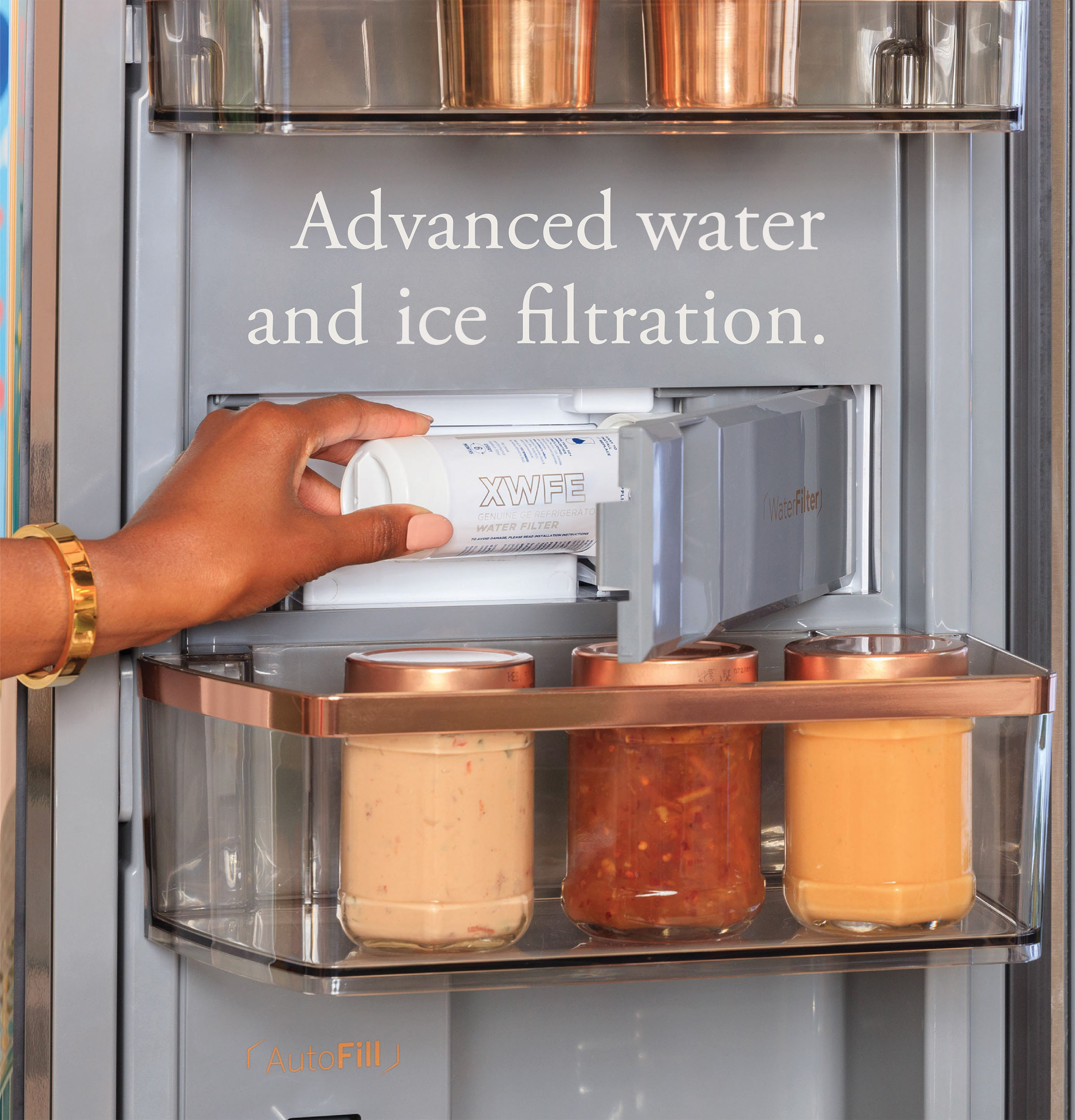 CAFÉ™ ENERGY STAR® 22.9 Cu. Ft. Smart Counter-Depth Quad-Door Refrigerator in Platinum Glass with Dual-Dispense AutoFill Pitcher CHE23DM5WS5