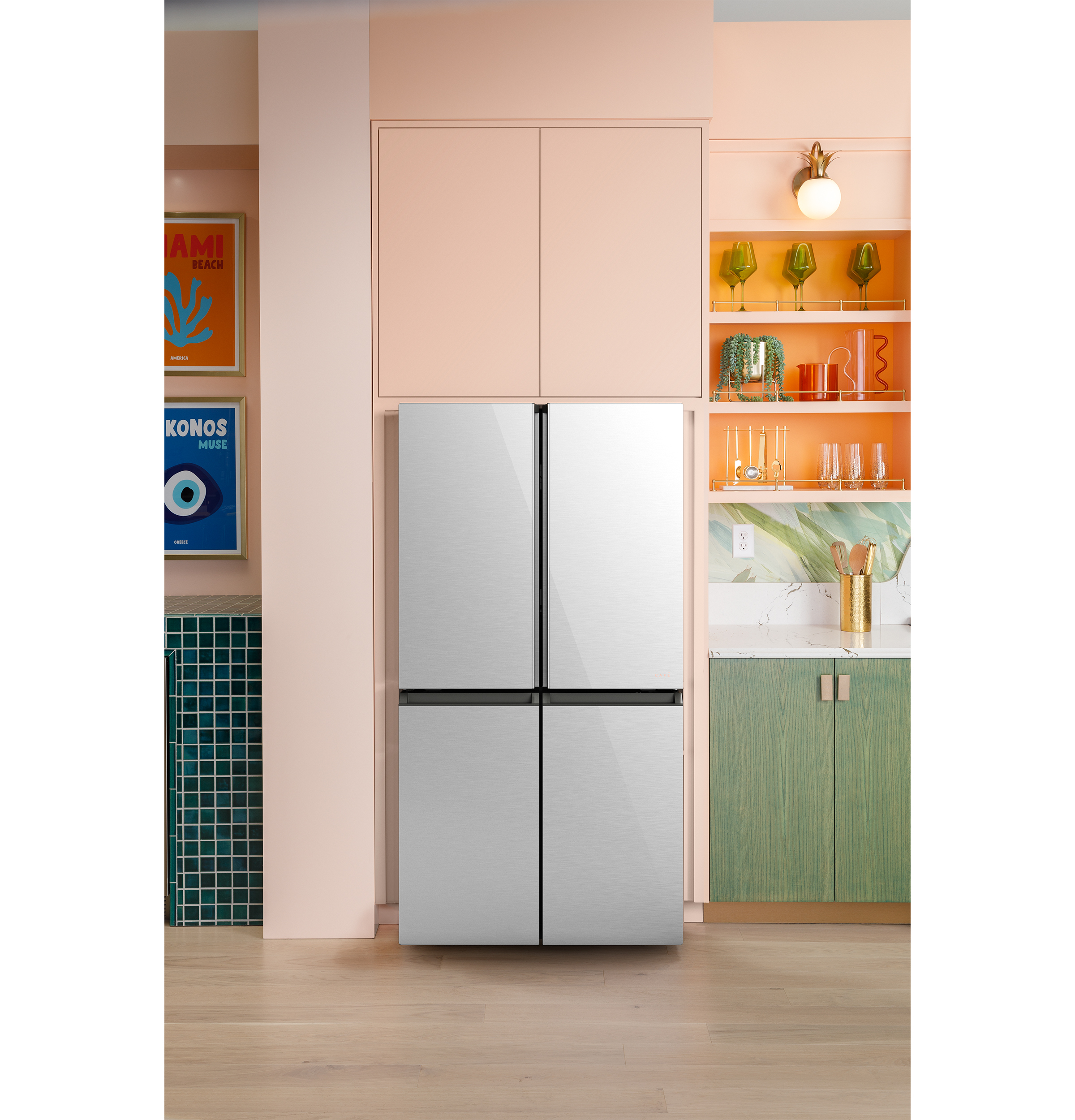 CAFÉ™ ENERGY STAR® 22.9 Cu. Ft. Smart Counter-Depth Quad-Door Refrigerator in Platinum Glass with Dual-Dispense AutoFill Pitcher CHE23DM5WS5