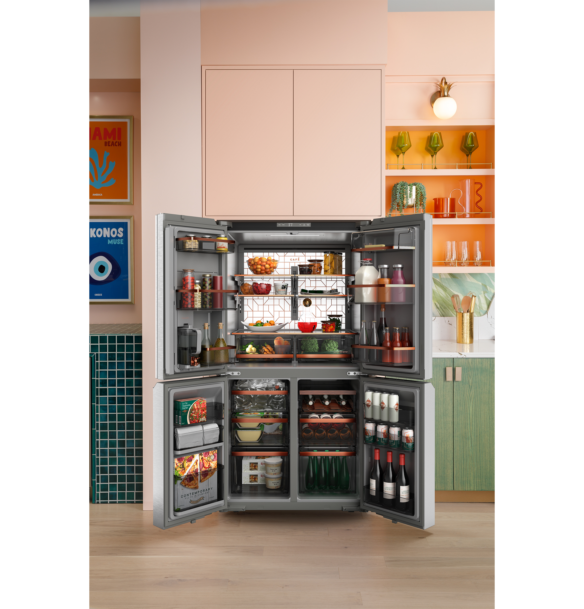 CAFÉ™ ENERGY STAR® 22.9 Cu. Ft. Smart Counter-Depth Quad-Door Refrigerator in Platinum Glass with Dual-Dispense AutoFill Pitcher CHE23DM5WS5