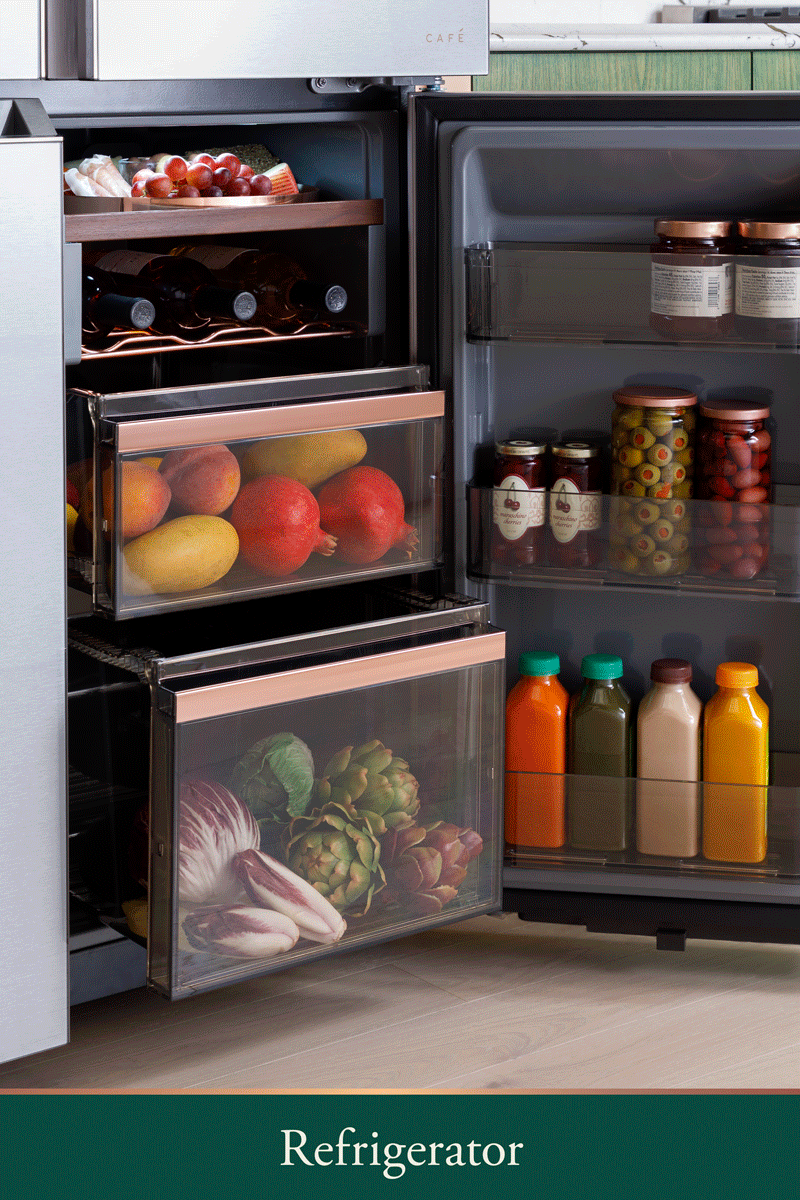 CAFÉ™ ENERGY STAR® 22.9 Cu. Ft. Smart Counter-Depth Quad-Door Refrigerator in Platinum Glass with Dual-Dispense AutoFill Pitcher CHE23DM5WS5