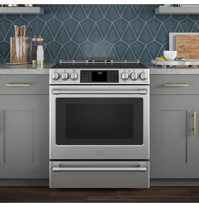 GE Series 30" Slide-In Front Control Induction and Convection Range with Warming Drawer CHS985SELSS