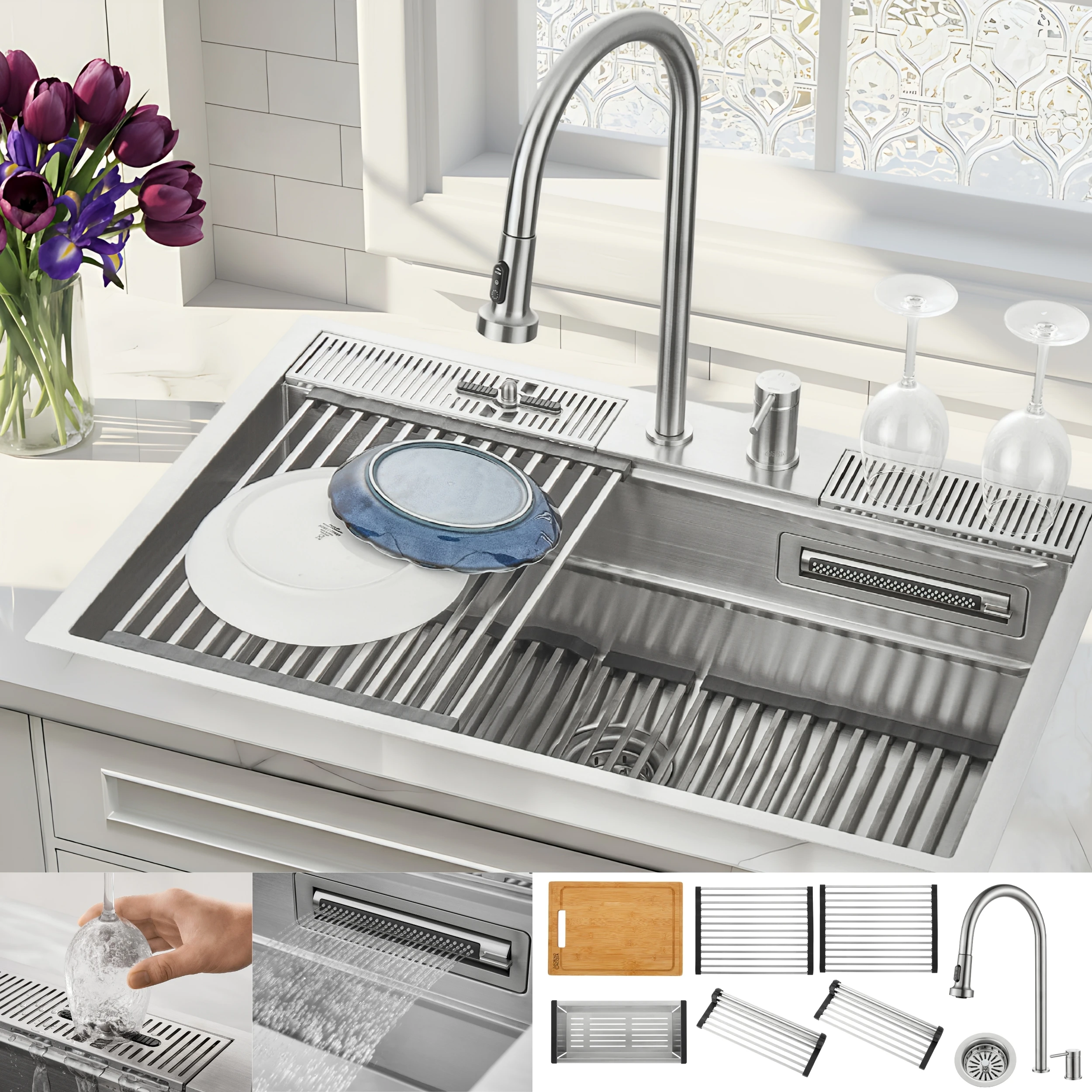 ACQUA 33 in. Drop-In/Undermount 3 Level Workstation Sink with Faucet, Waterfall & Glass Rinser EZP30