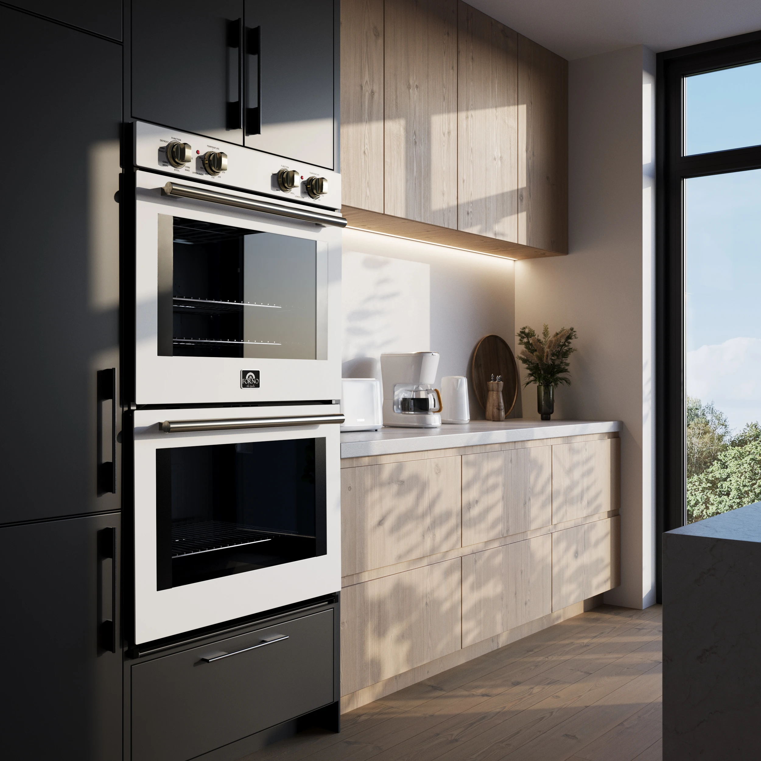 Vomero 30-Inch Double Wall Oven, White, 10 cu.ft Total Capacity, 7100W Convection, Mechanical Controls, Manuel Steam Clean FBOEL132430WHT