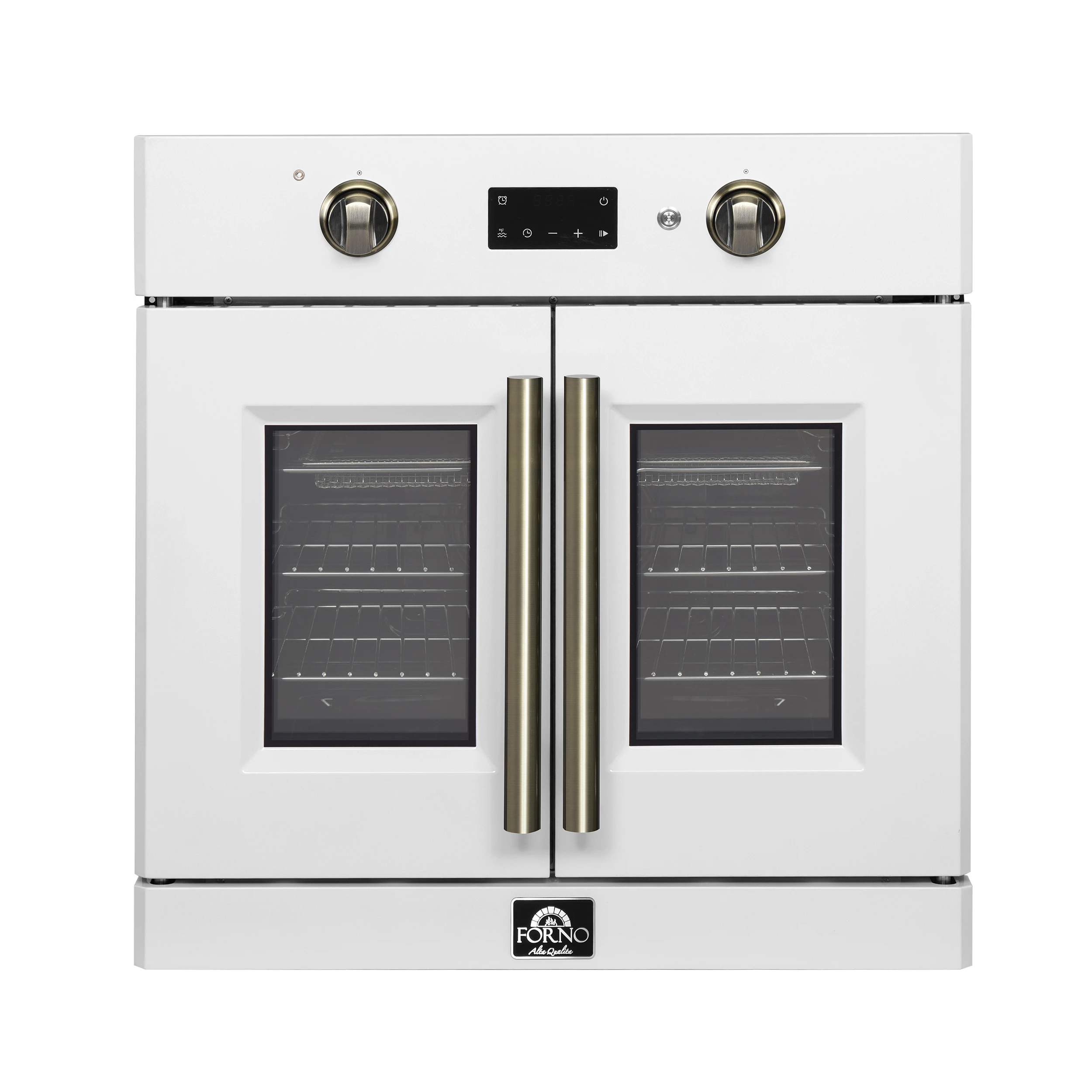 Asti 30-Inch French Door Electric Wall Oven in White & Antique Brass, 3.68 cu. ft. True Convection, 3,600W, Air Fry, Sous Vide, Self-Clean FBOEL133330WHT