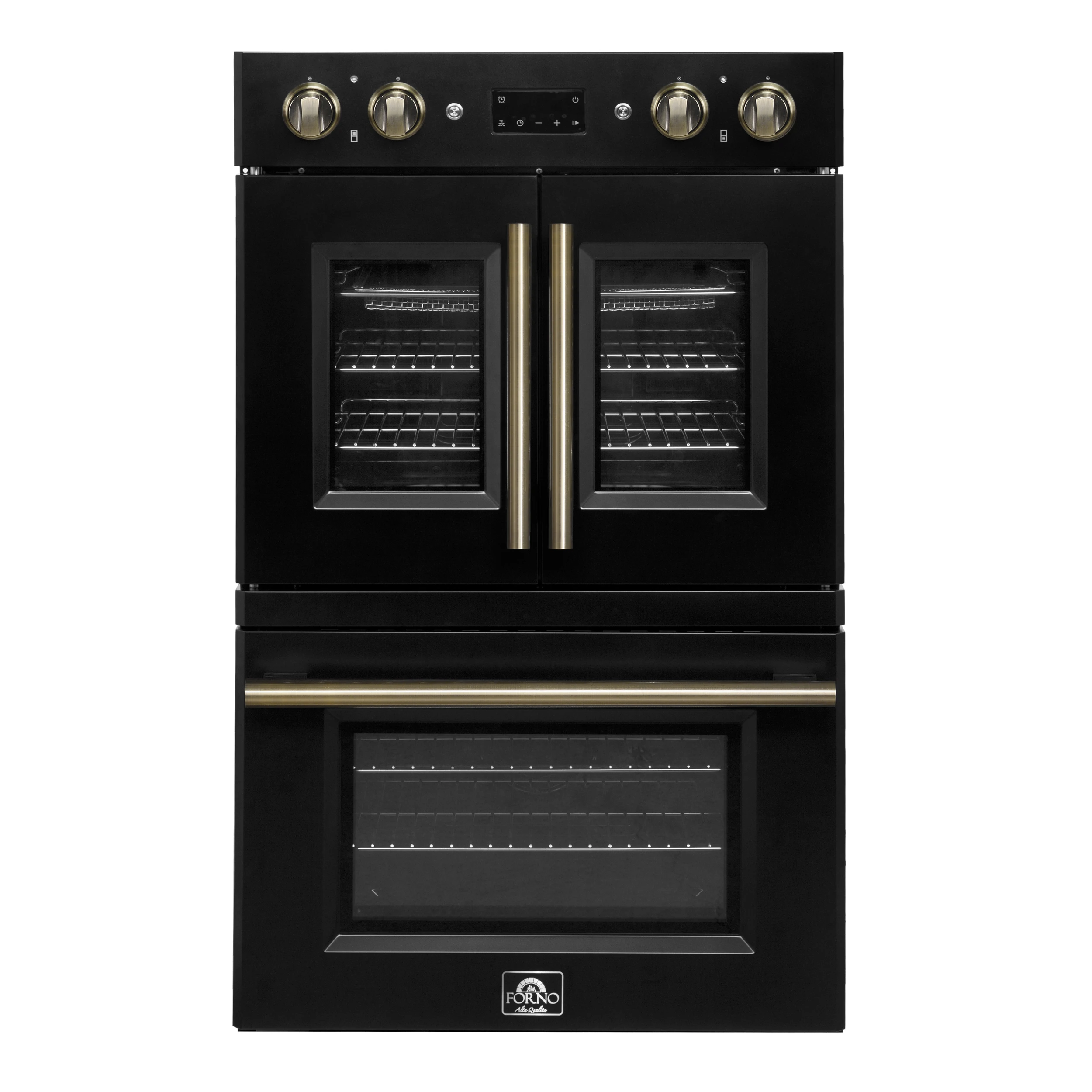 Asti 30-Inch Double Electric Wall Oven with Upper French Doors in Black & Antique Brass, 7.36 cu. ft. Dual True Convection, 7,200W, Air Fry, Sous Vide, Self-Clean FBOEL134030BLK