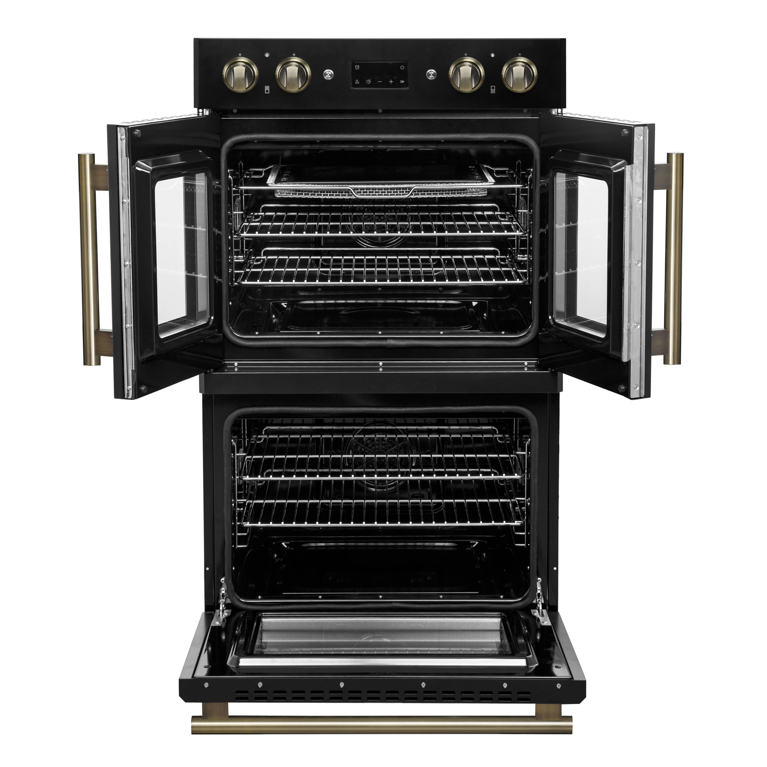 Asti 30-Inch Double Electric Wall Oven with Upper French Doors in Black & Antique Brass, 7.36 cu. ft. Dual True Convection, 7,200W, Air Fry, Sous Vide, Self-Clean FBOEL134030BLK
