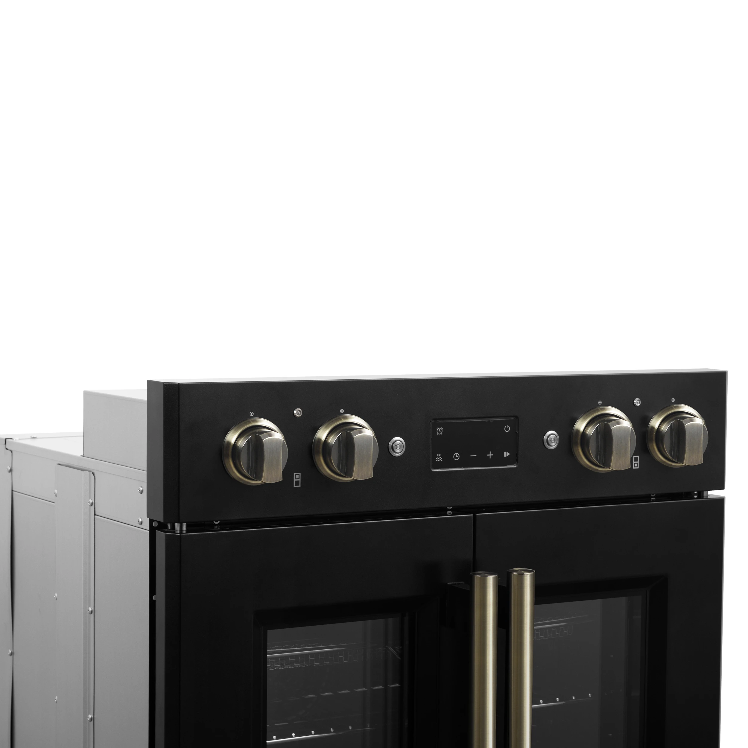 Asti 30-Inch Double Electric Wall Oven with Upper French Doors in Black & Antique Brass, 7.36 cu. ft. Dual True Convection, 7,200W, Air Fry, Sous Vide, Self-Clean FBOEL134030BLK
