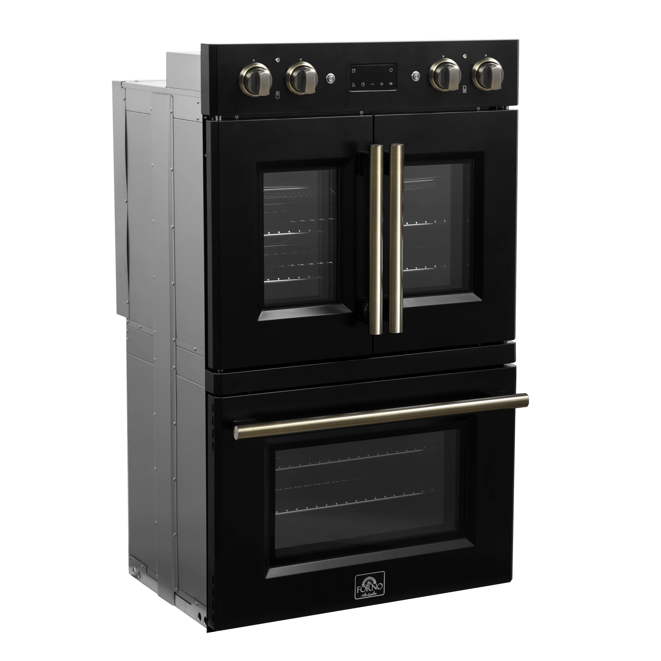 Asti 30-Inch Double Electric Wall Oven with Upper French Doors in Black & Antique Brass, 7.36 cu. ft. Dual True Convection, 7,200W, Air Fry, Sous Vide, Self-Clean FBOEL134030BLK